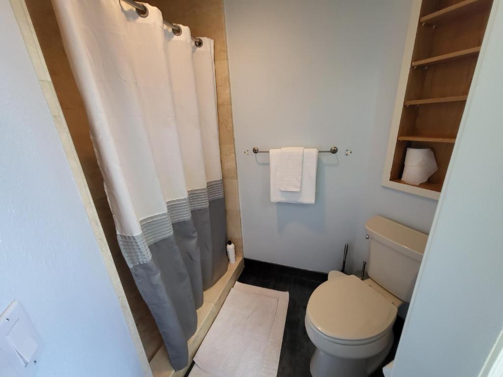 La salle de bains est pourvue de toilettes et d'un rideau de douche. dans l'établissement Southeast Cute House, à Portland