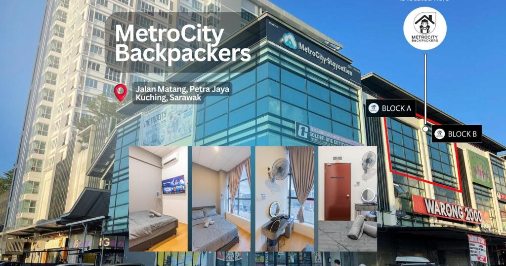 uma colagem de fotos de um edifício em MetroCity Backpackers em Kuching