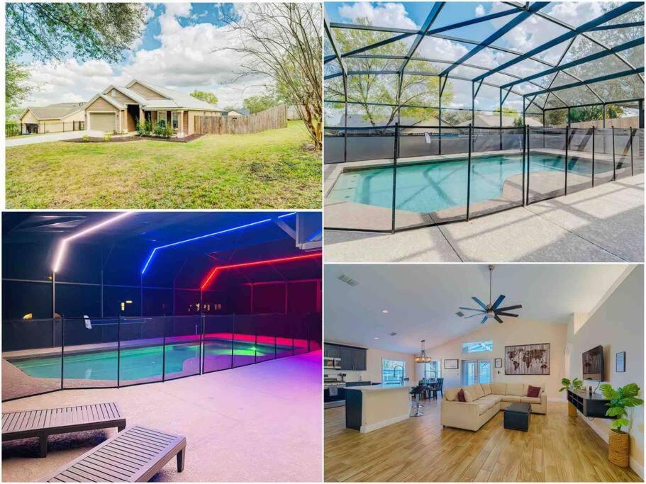 a collage of pictures of a swimming pool at Spacious Home - Heated LED Pool & Ping Pong in Minneola