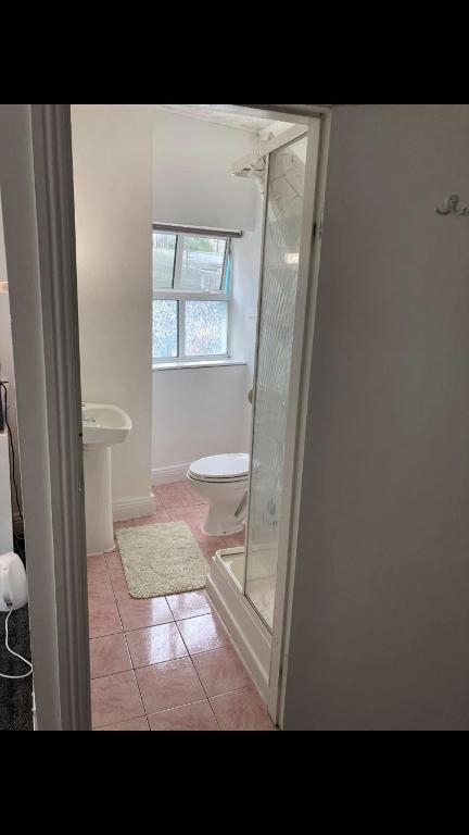 uma casa de banho com um chuveiro, um WC e uma janela. em Surf kinsale em Kinsale