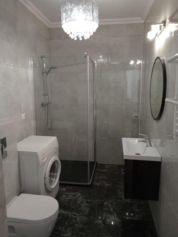 a bathroom with a shower and a toilet and a sink at Apartament Ustka in Ustka