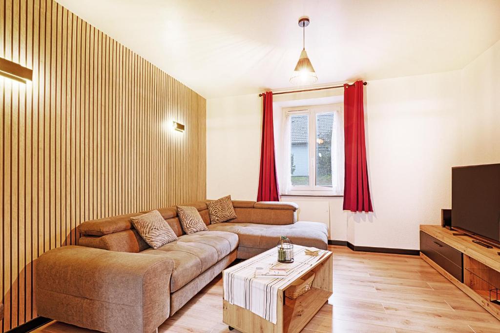 un salon avec un canapé et une télévision dans l'établissement Le Chtit Appart - Joli appt vue montagne, à Cornimont