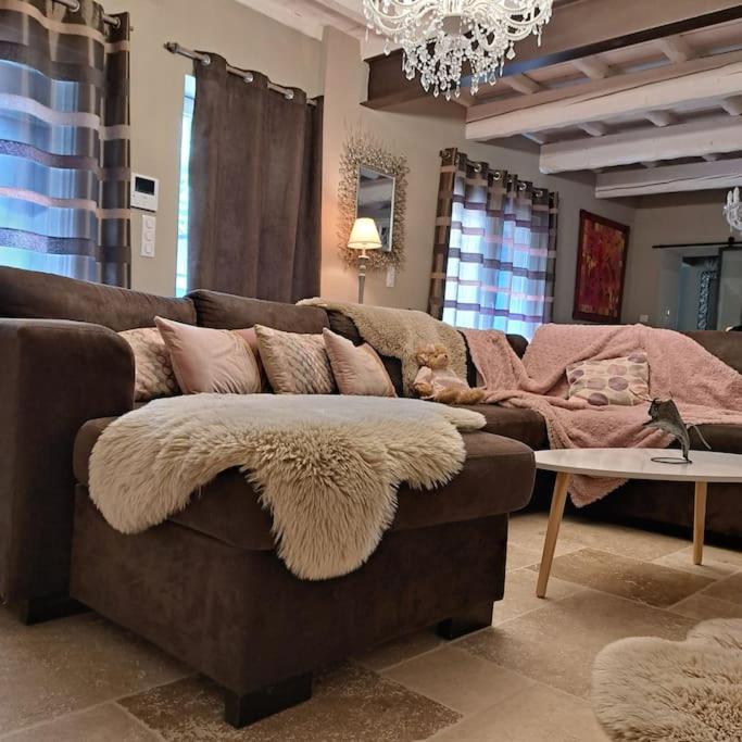 a living room with a brown couch with a furry rug at Mas avec jacuzzi et piscine à débordement in Paradou