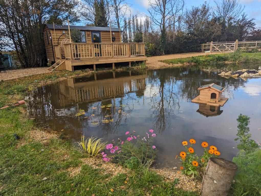 una cabaña de madera sobre un estanque con una pajarera en Rusty Duck Retreat Shepherds Hut en Shedfield