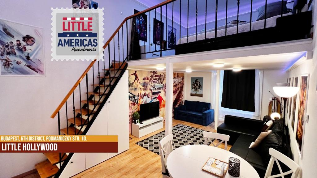 a living room with a staircase in a house at Little Americas Westend Apartments in Budapest