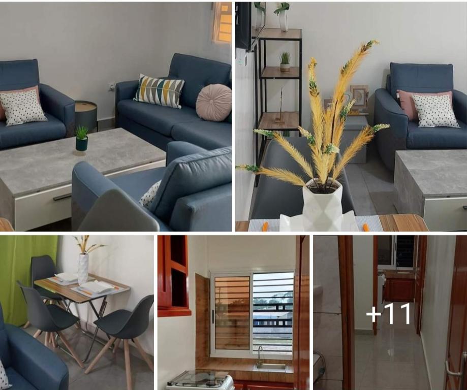 a collage of four pictures of a living room at Lola Appartements 1 in Kribi