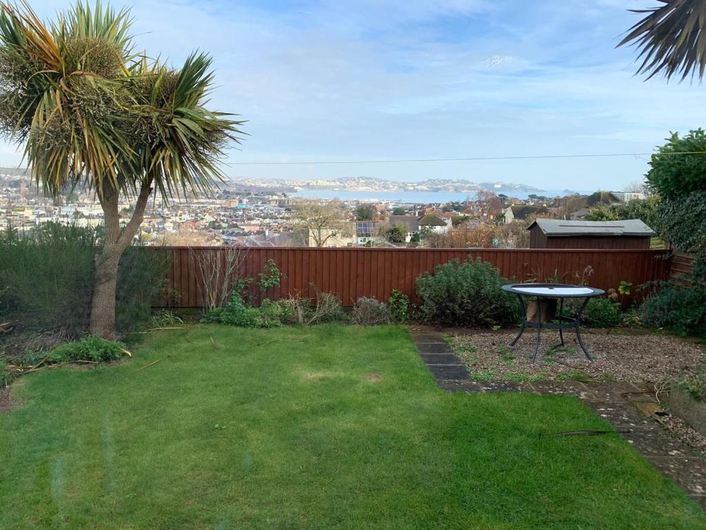 a backyard with a table and a palm tree at Paignton View Holiday Home in Paignton