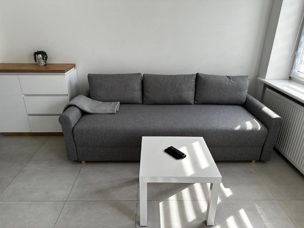 ein Wohnzimmer mit einem Sofa und einem Tisch in der Unterkunft Apartament w samym centrum in Warschau