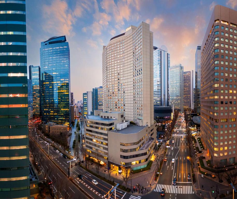 una ciudad con edificios altos y una calle con coches en Hilton Tokyo Hotel, en Tokio