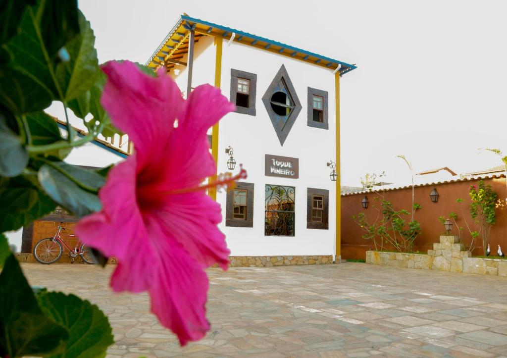 una flor rosa frente a un edificio en Pousada Toque Mineiro, en Tiradentes