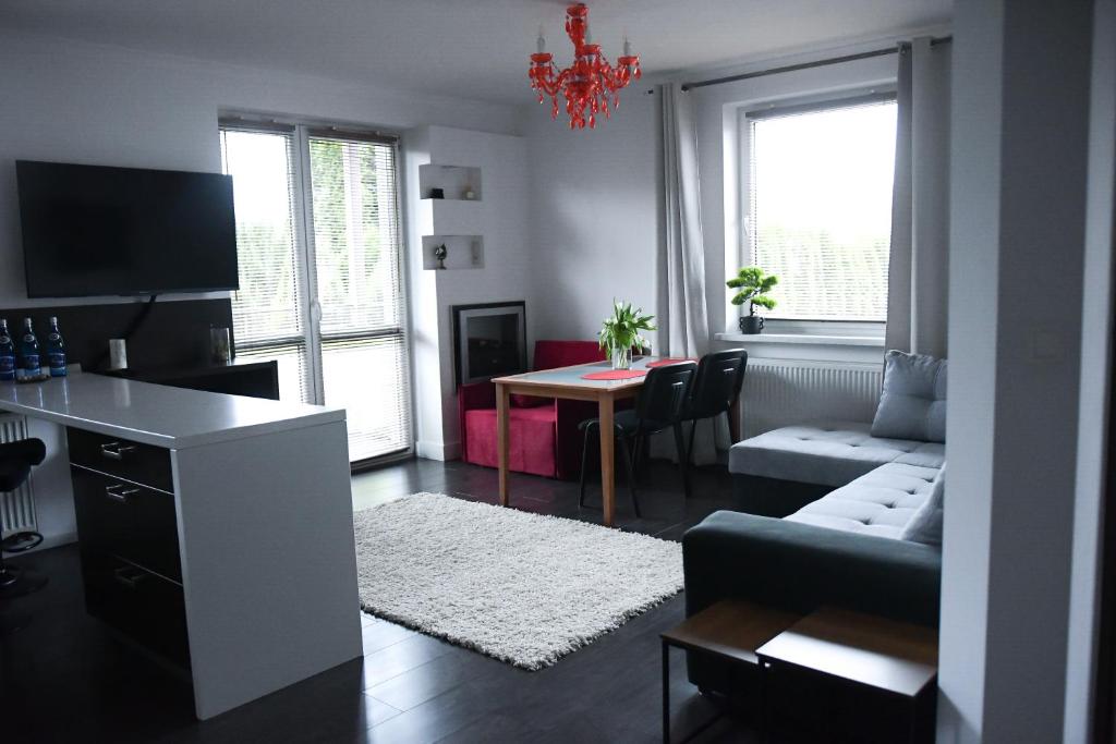 a living room with a couch and a table at Apartament Nad Zalewem in Zamość