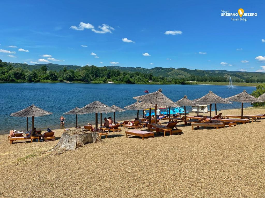 ein Strand mit vielen Stühlen und Sonnenschirmen darauf in der Unterkunft Azzurro in Veliko Gradište