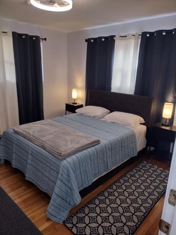 a bedroom with a bed with blue curtains and a rug at Spare Room Lodge at Flannagan Dam in Haysi