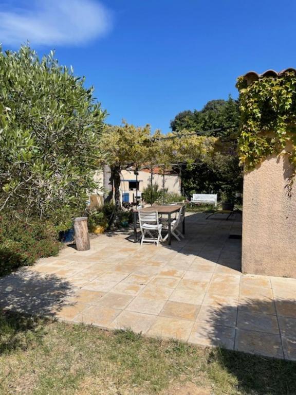 un patio avec une table, des chaises et des arbres dans l'établissement Villa Provencale au bord de mer, à Martigues