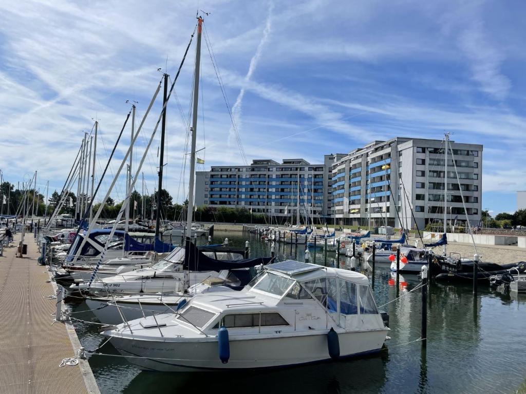 ダンプにあるApartment Ostsee-Residenz by Interhomeの一団の船が港に停泊し、建物を持つ
