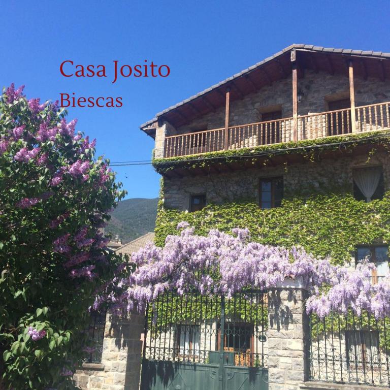 a building with purple flowers on the side of it at Biescas Apartamento Casa Josito La Cadiera in Biescas