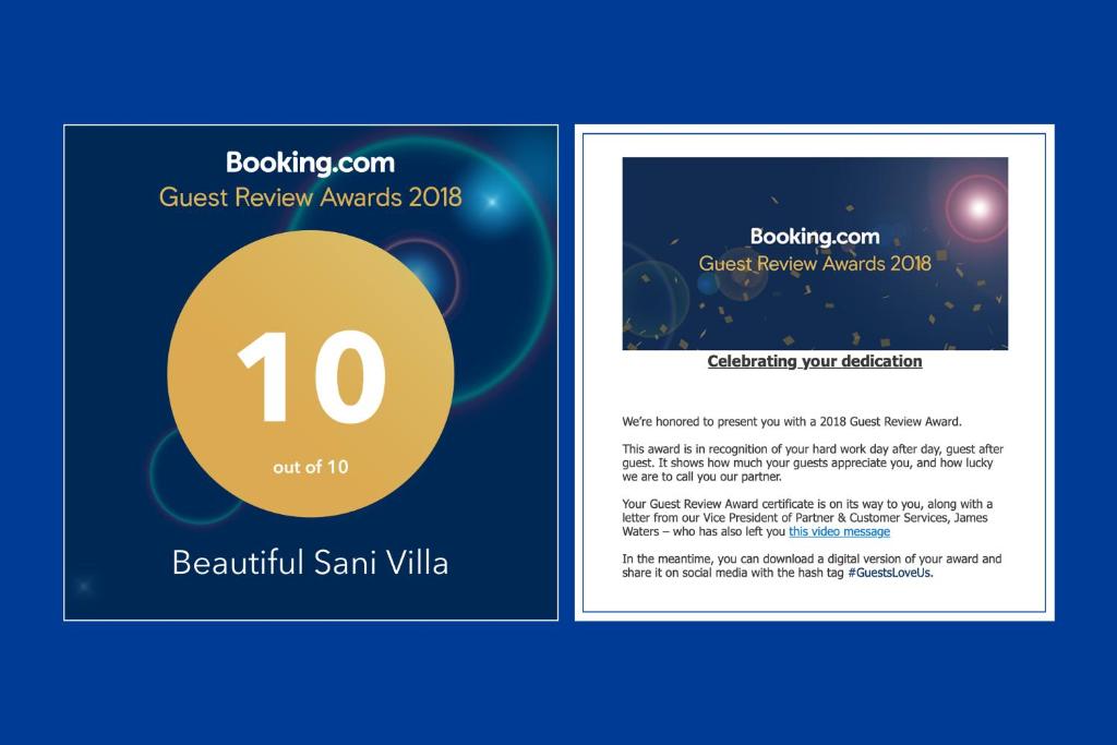 Certifikát, hodnocení, plakát nebo jiný dokument vystavený v ubytování Beautiful Sani Villa