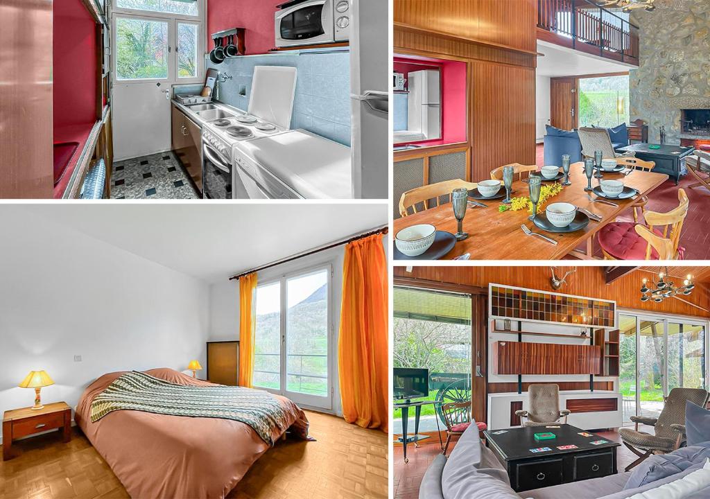 un collage de photos d'une cuisine et d'un salon dans l'établissement Chalet entre Lac d'Annecy et Montagnes, à Écharvine