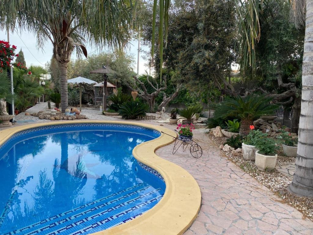 una piscina con un bordillo amarillo alrededor en Alojamiento Ruizo, en Lorca