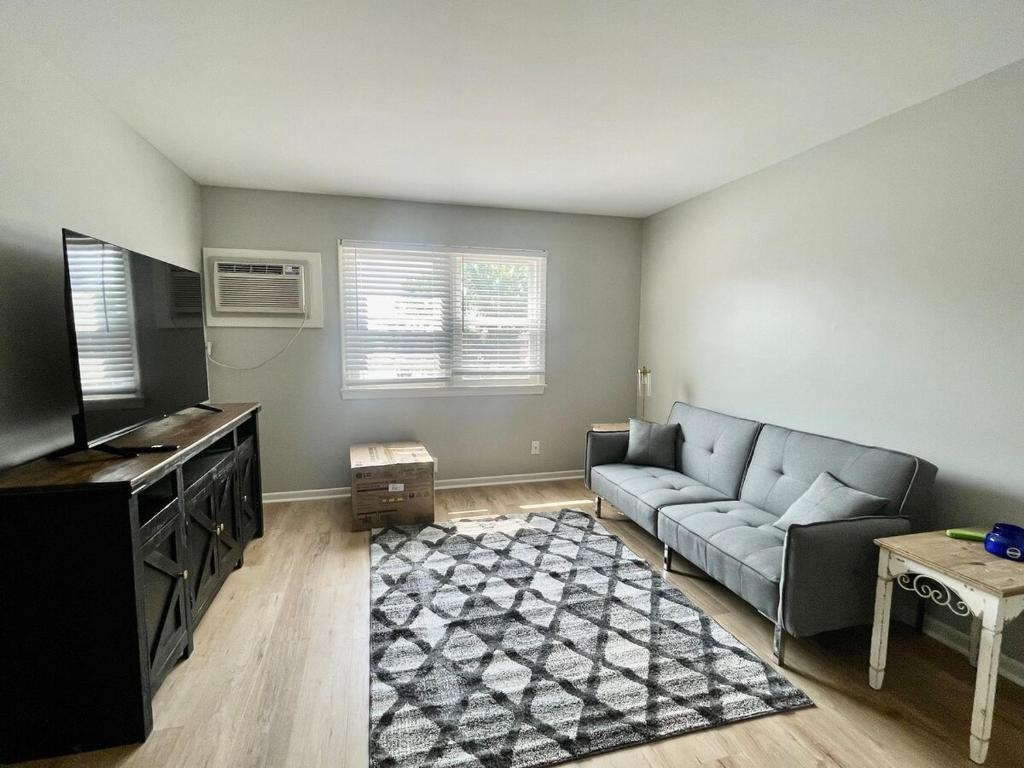a living room with a couch and a television at Cathedra 3l-Charming Apartment walk to UNMC in Omaha