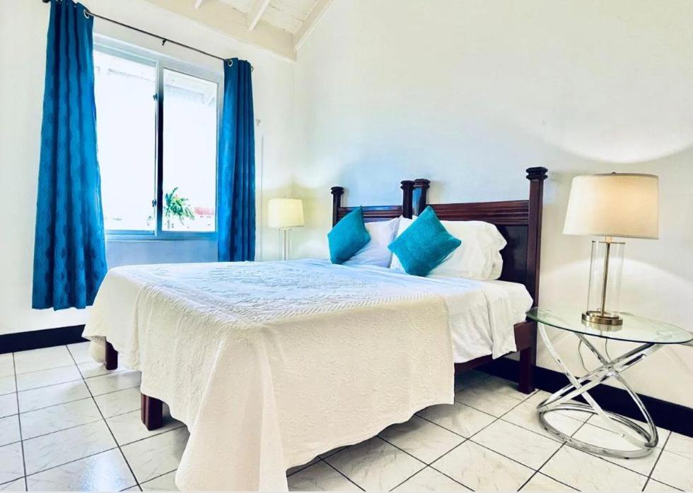 een slaapkamer met een bed met blauwe kussens en een raam bij Palm JA SCA31 - Relaxing 1 BR with Beach & Pool Access in Montego Bay