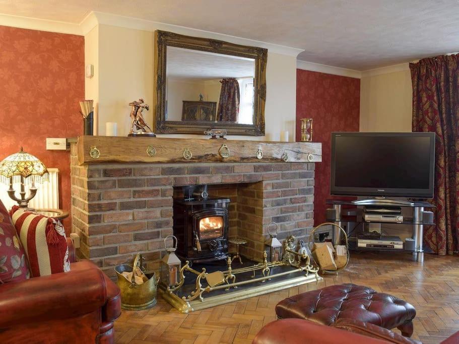 a living room with a fireplace and a television at Green Haven Pembrokeshire in Pembrokeshire