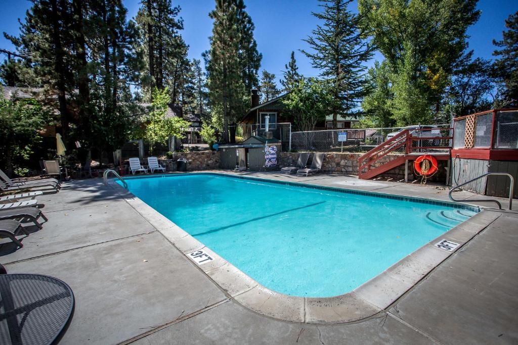 Una gran piscina en un patio con árboles. en Lakeview #104, en Big Bear Lake