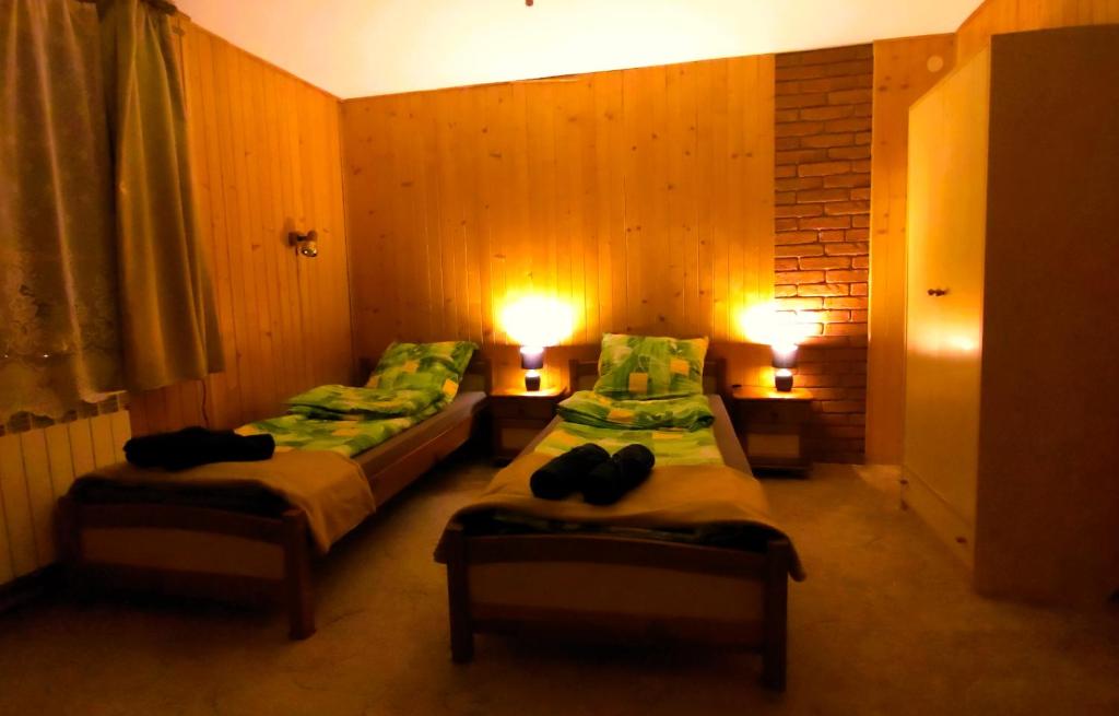 twee bedden in een kamer met twee lichten aan bij Ostoja Mików in Mików