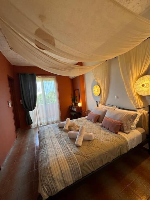 Cozy studio apartment 2 في كاليثيا رودس: غرفة نوم بسرير كبير مع مظلة