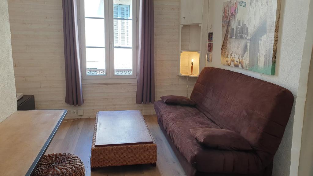 un salon avec un canapé marron et une table dans l'établissement Appartement 2 pieces centre ville, à Salon-de-Provence