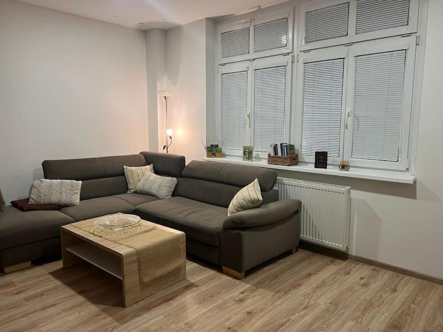 - un salon avec un canapé et une table dans l'établissement Apartmán s manželskou posteľou, à Bratislava