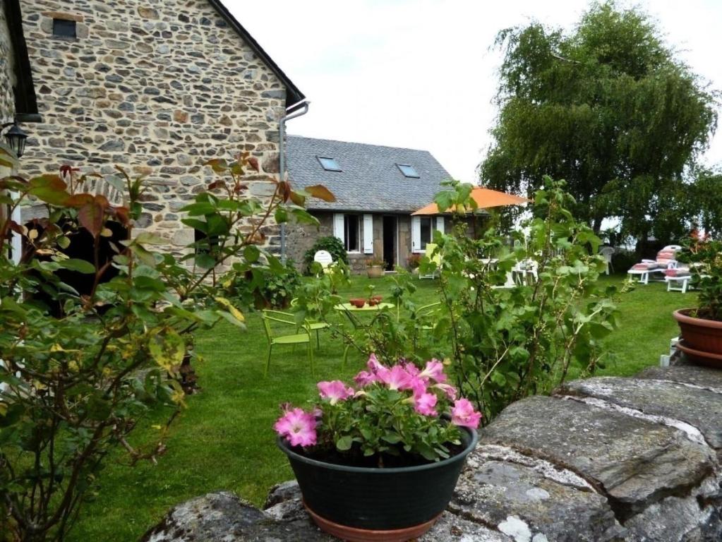 un jardín con flores rosas y una casa de piedra en Gîte de France à Sarroux - St Julien 3 épis - Gîte de France 8 personnes 134, en Sarroux