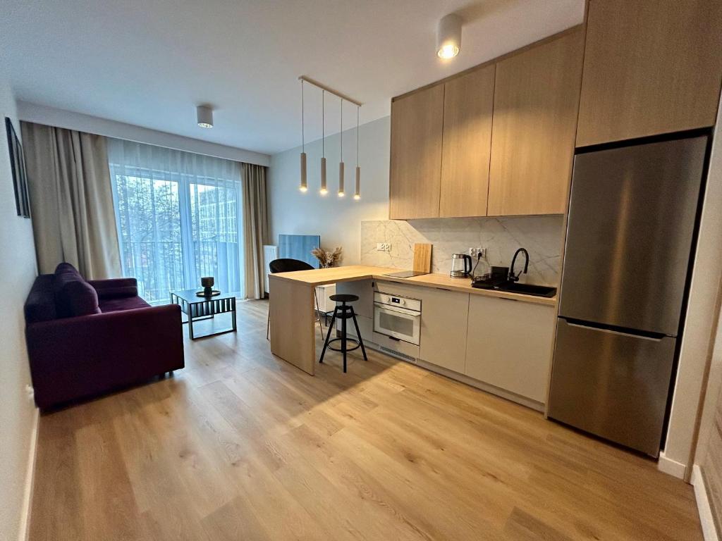 eine Küche und ein Wohnzimmer mit einem Sofa und einem Kühlschrank in der Unterkunft Boho Apartments in Łódź