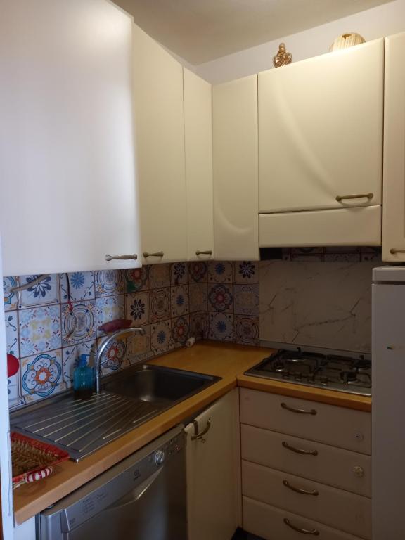 een kleine keuken met witte kasten en een wastafel bij Via del tombolo in Grosseto