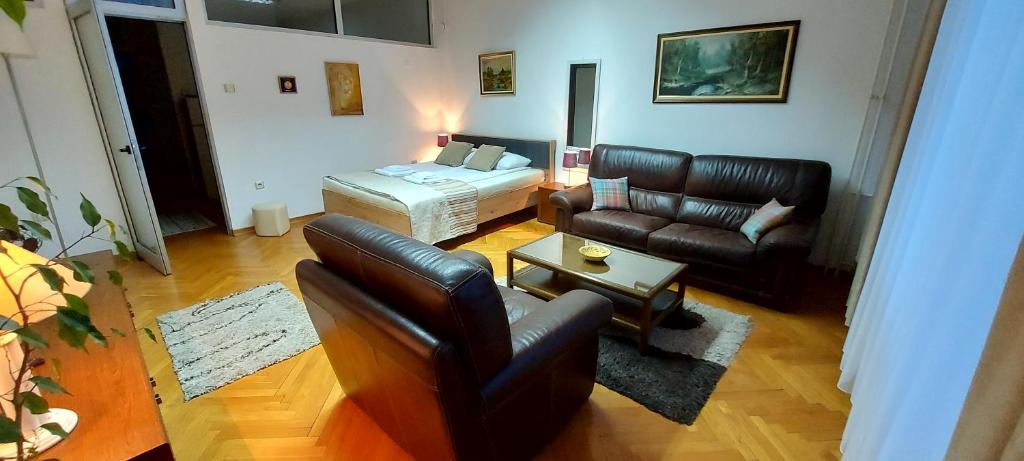 a living room with a couch and a bed at GM Apart-Hotel in Niš