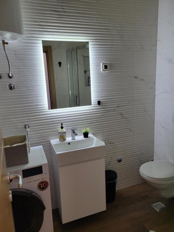 ein Badezimmer mit einem Waschbecken, einem WC und einem Spiegel in der Unterkunft 021 Hideout in Novi Sad