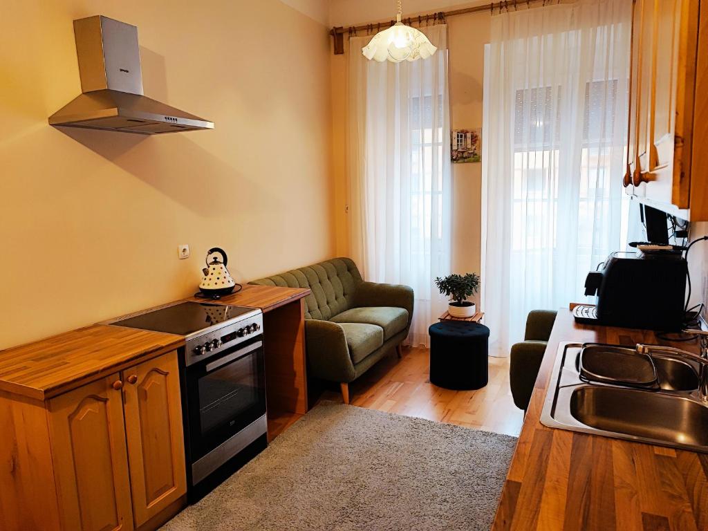 eine Küche und ein Wohnzimmer mit einem Sofa und einem Herd in der Unterkunft Quiet Central in Ljubljana