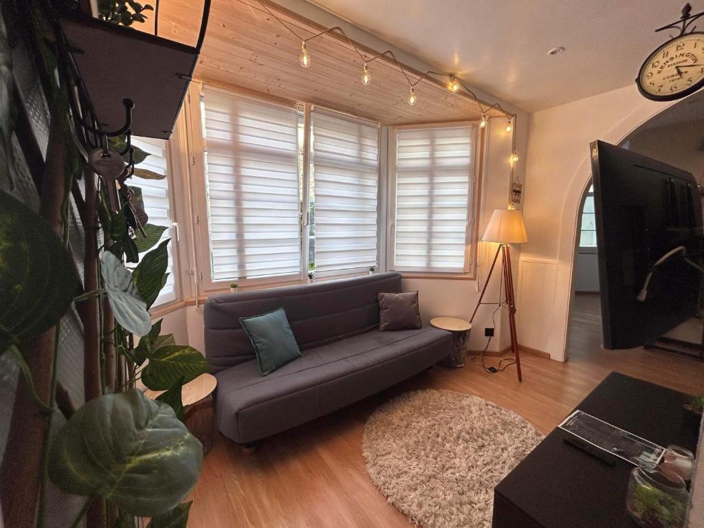 a living room with a couch and a tv at Chez Anthony in Boulogne-sur-Mer