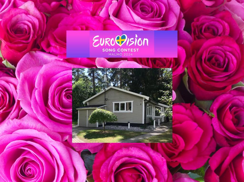 a group of three pictures of a house and pink roses at Nordic Relax House - Stonehouse in Sjöbo