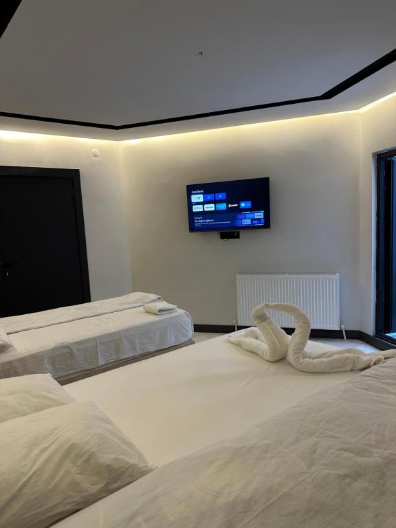 a bedroom with two beds and a flat screen tv at Antik Otel in Kayacık