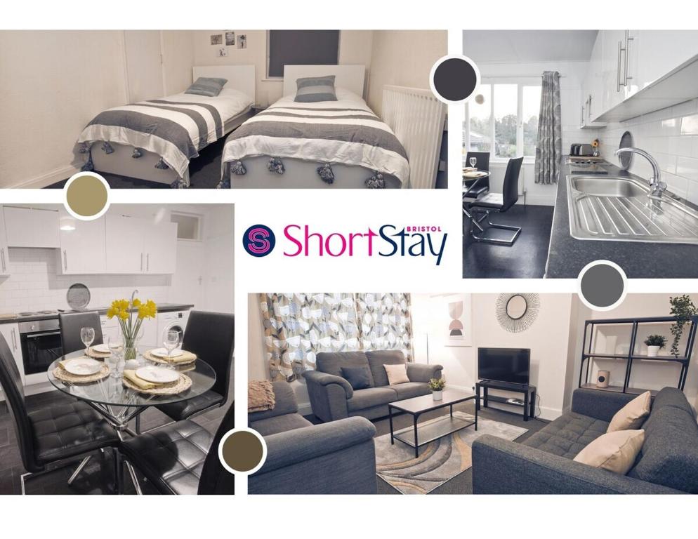 a collage of photos of a bedroom and a room with a bed at May Disc - Long Stay - Contractors in Bristol