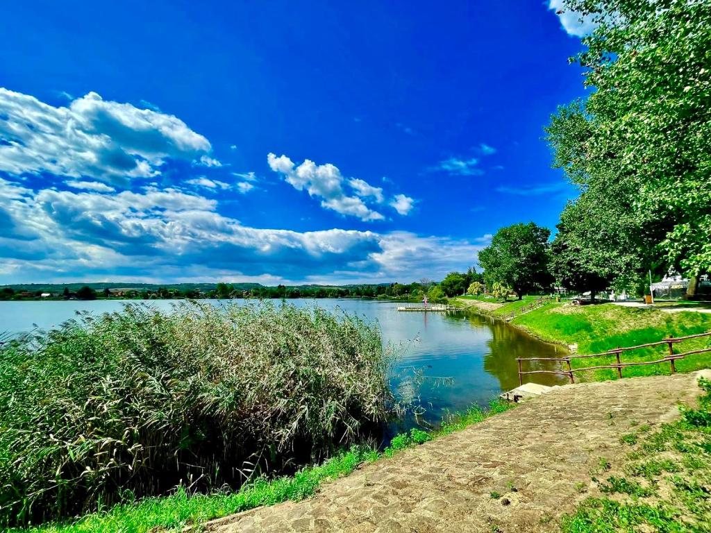 a view of a river with a blue sky and clouds at Tóparti Kuckó in Mályi