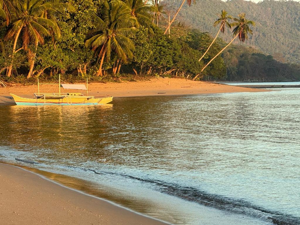 a yellow boat sitting on the shore of a beach at The Beach House at Dipnay San Fernando, El Nido in El Nido