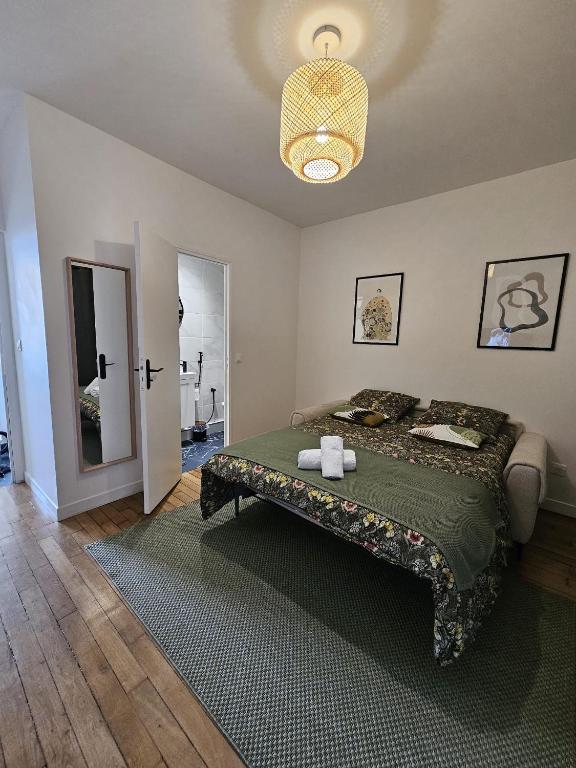 ピエールフィット・シュル・セーヌにあるChambre verte proche de stade de Franceのベッドとシャンデリアのある寝室