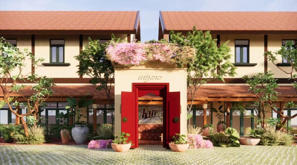 a rendering of a building with a red door at Senglao Boutique Hotel Luang Prabang in Luang Prabang