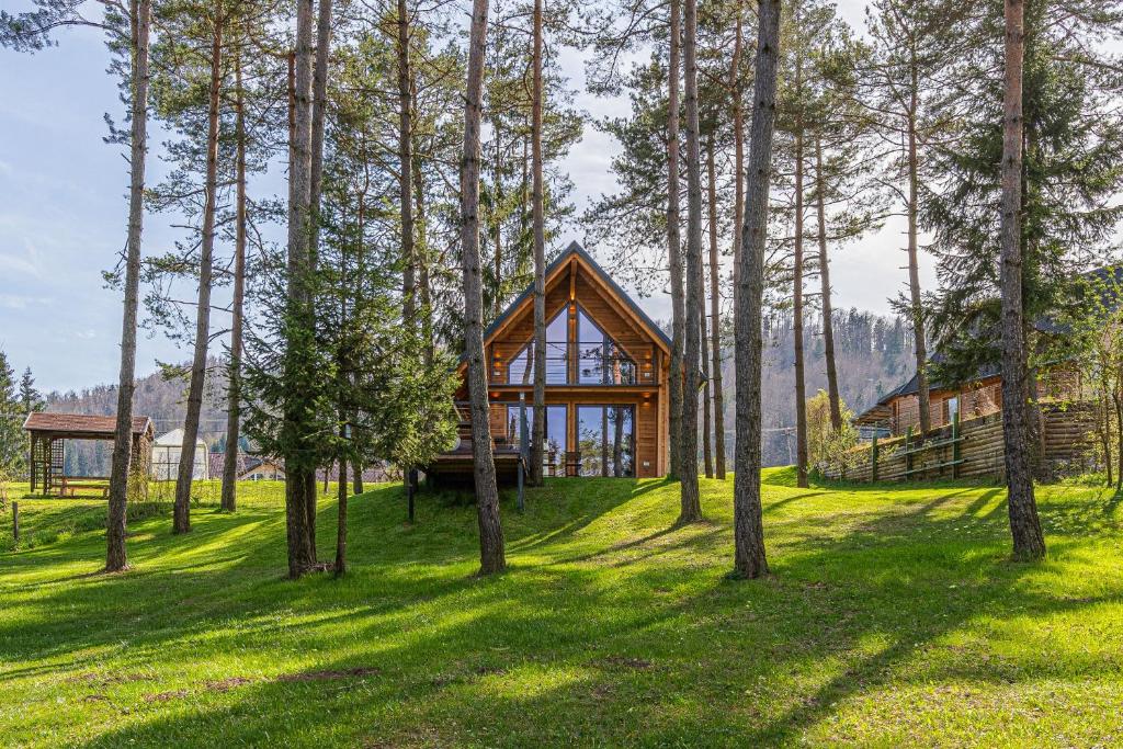 uma casa de madeira no meio de uma floresta em Forest Princess Chalet - Happy Rentals em Nova Vas