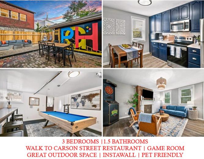 un collage de tres fotos de una casa en Cozy Southside Pitt home w/ Pool Table +Yard en Pittsburgh
