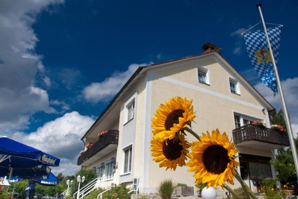 un bâtiment avec trois tournesols devant lui dans l'établissement Landgasthof Am Sonnenhang, à Vohenstrauß