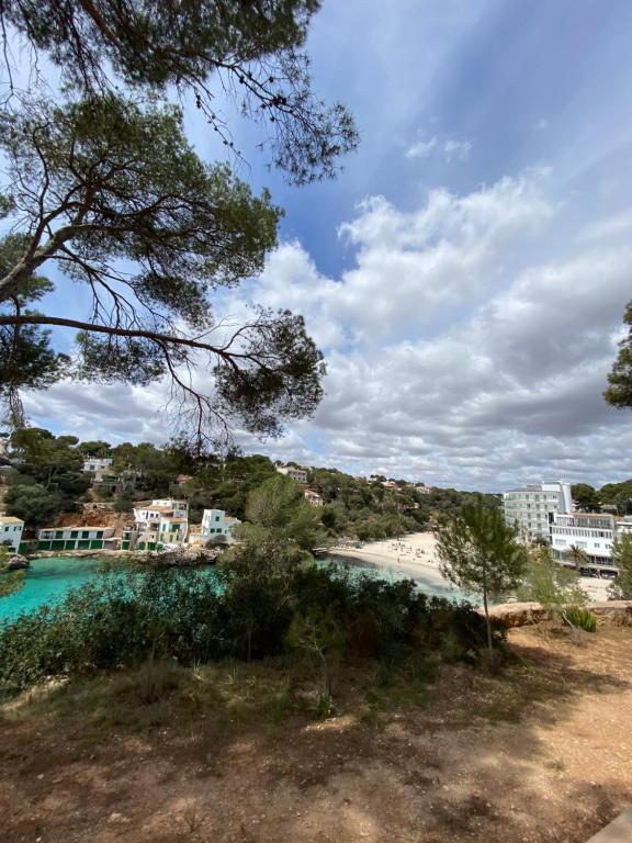 a view of the beach and buildings at Hostal Palmaria in Cala Santanyi