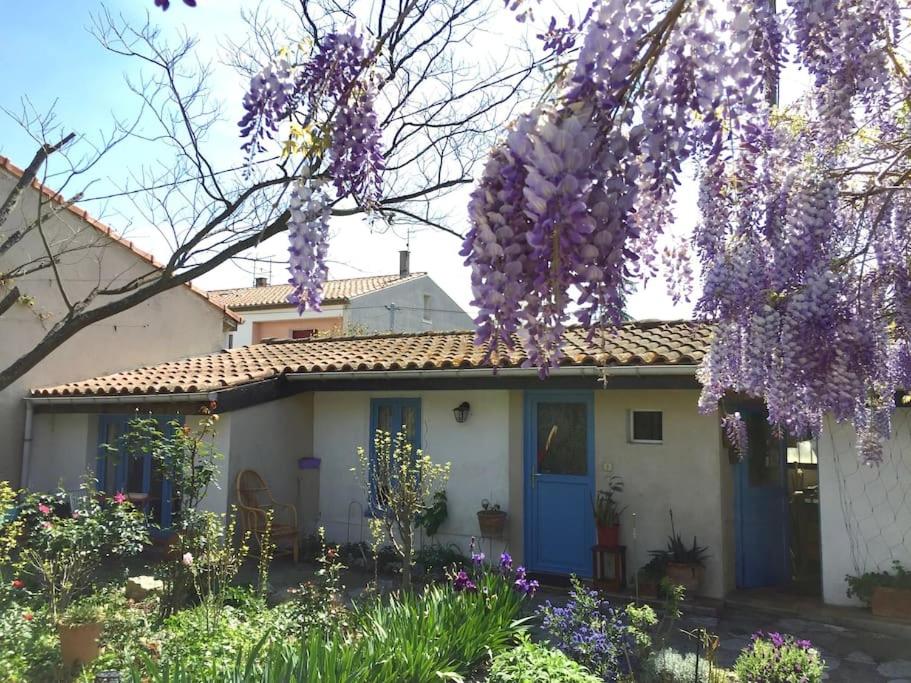 a house with purple flowers hanging from a tree at La campagne dans la ville in Narbonne